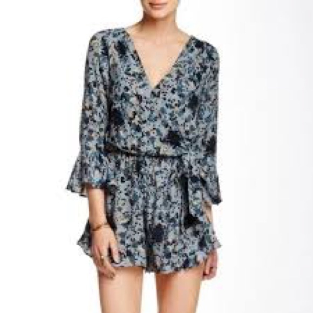 Free People All the Right Ruffles Romper in Blue Floral Medium